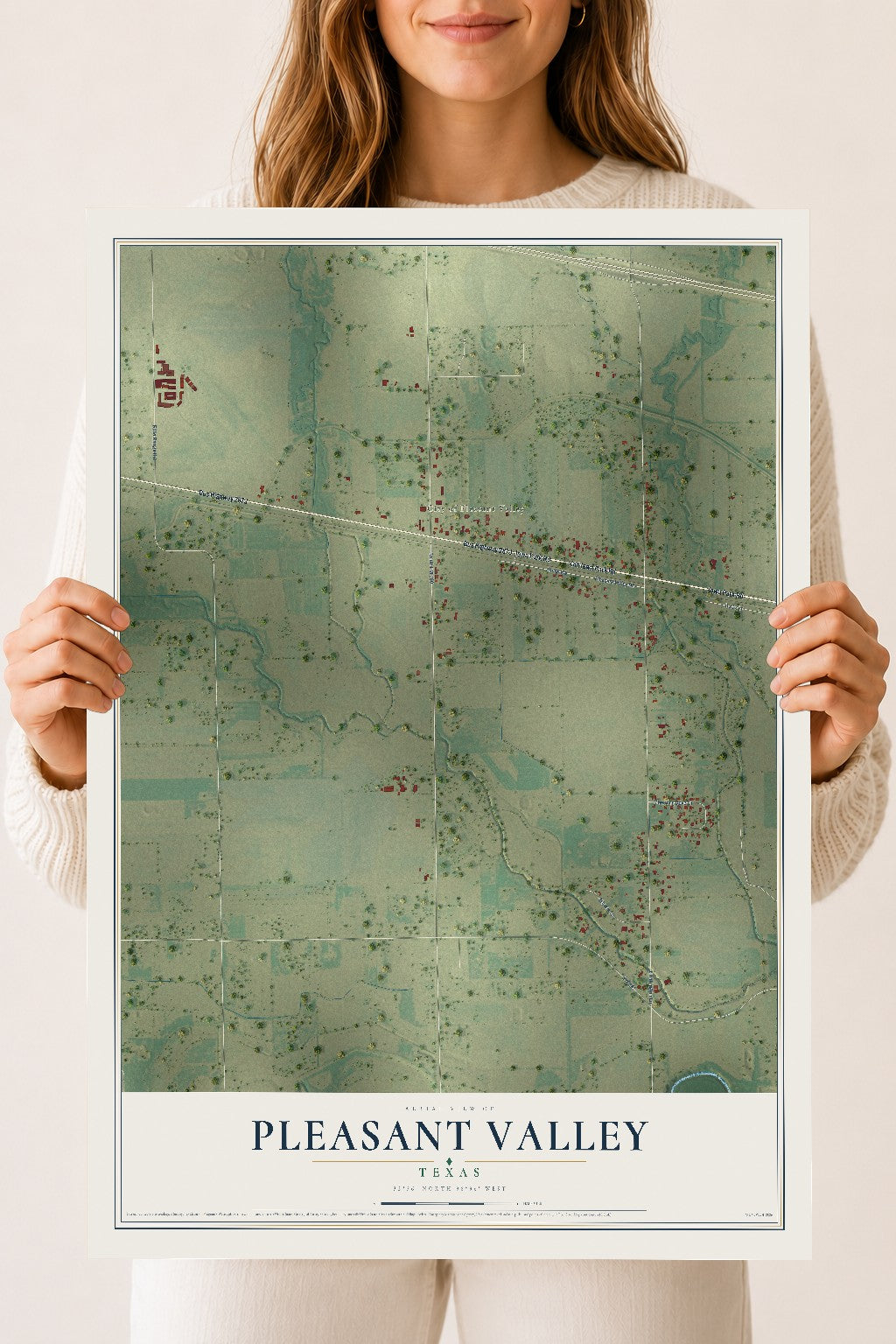 Map of Pleasant Valley, Texas, 18 x 24 inch unframed archival matte print