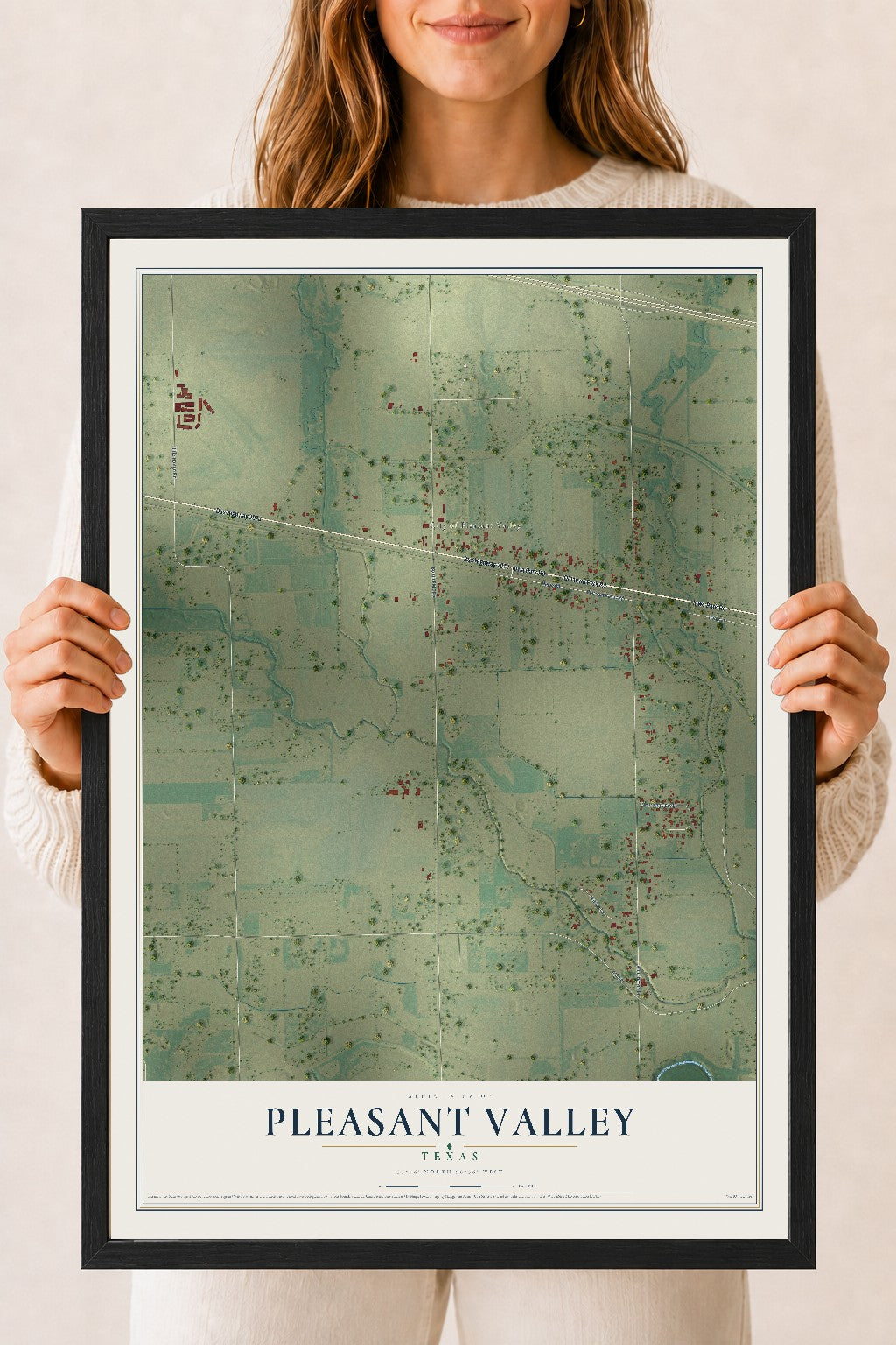 Map of Pleasant Valley, Texas, 18 x 24 inch print in a black wood frame