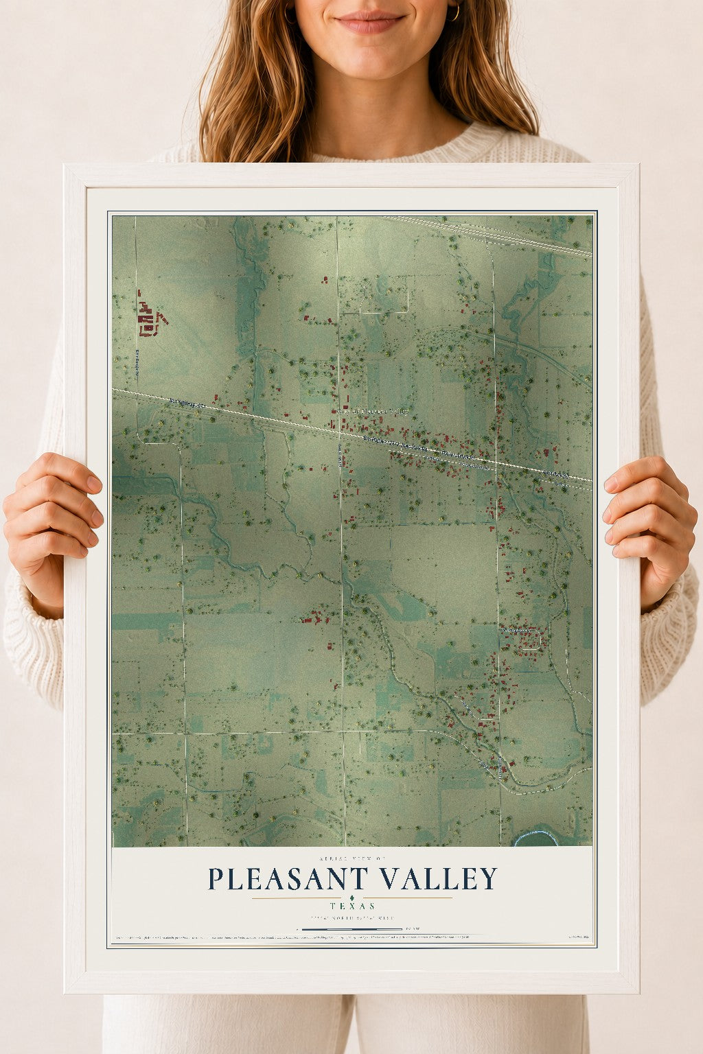 Map of Pleasant Valley, Texas, 18 x 24 inch print in a white wood frame