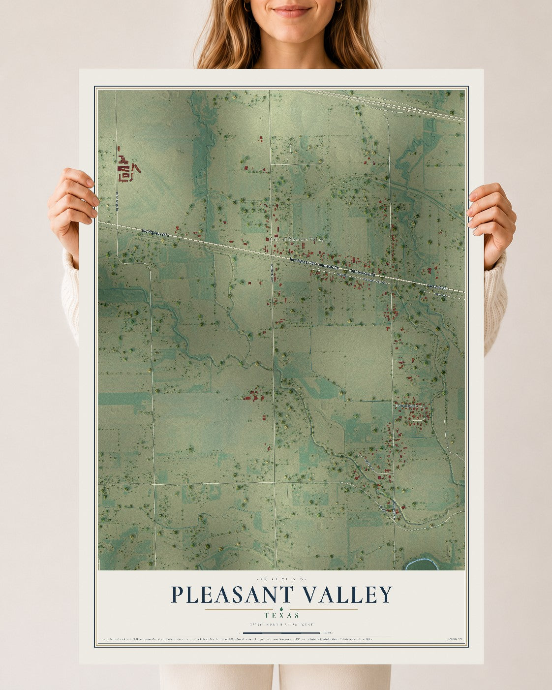 Map of Pleasant Valley, Texas, 24 x 36 inch unframed archival matte print
