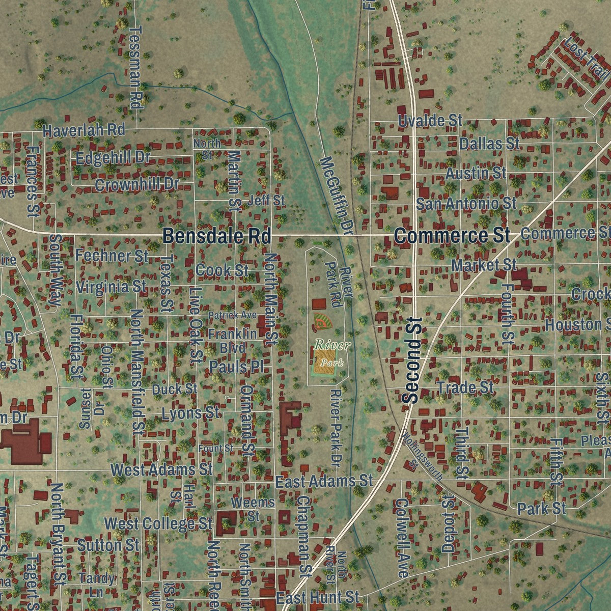 Close-up of the map of Pleasanton, Texas print showing street and building detail