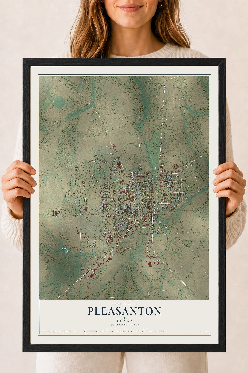 Map of Pleasanton, Texas, 18 x 24 inch print in a black wood frame