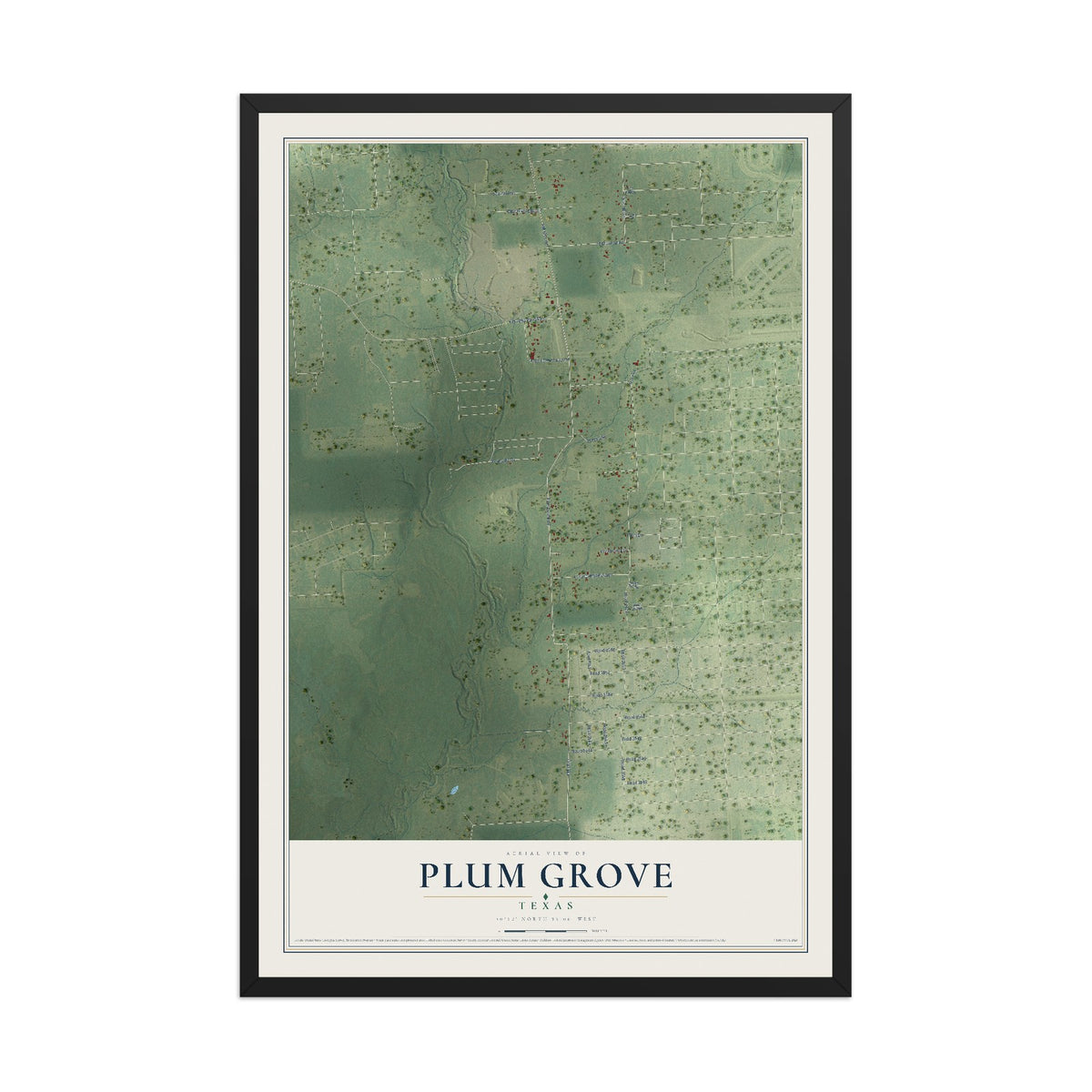 Map of Plum Grove, Texas, 12 x 18 inch print in a black wood frame