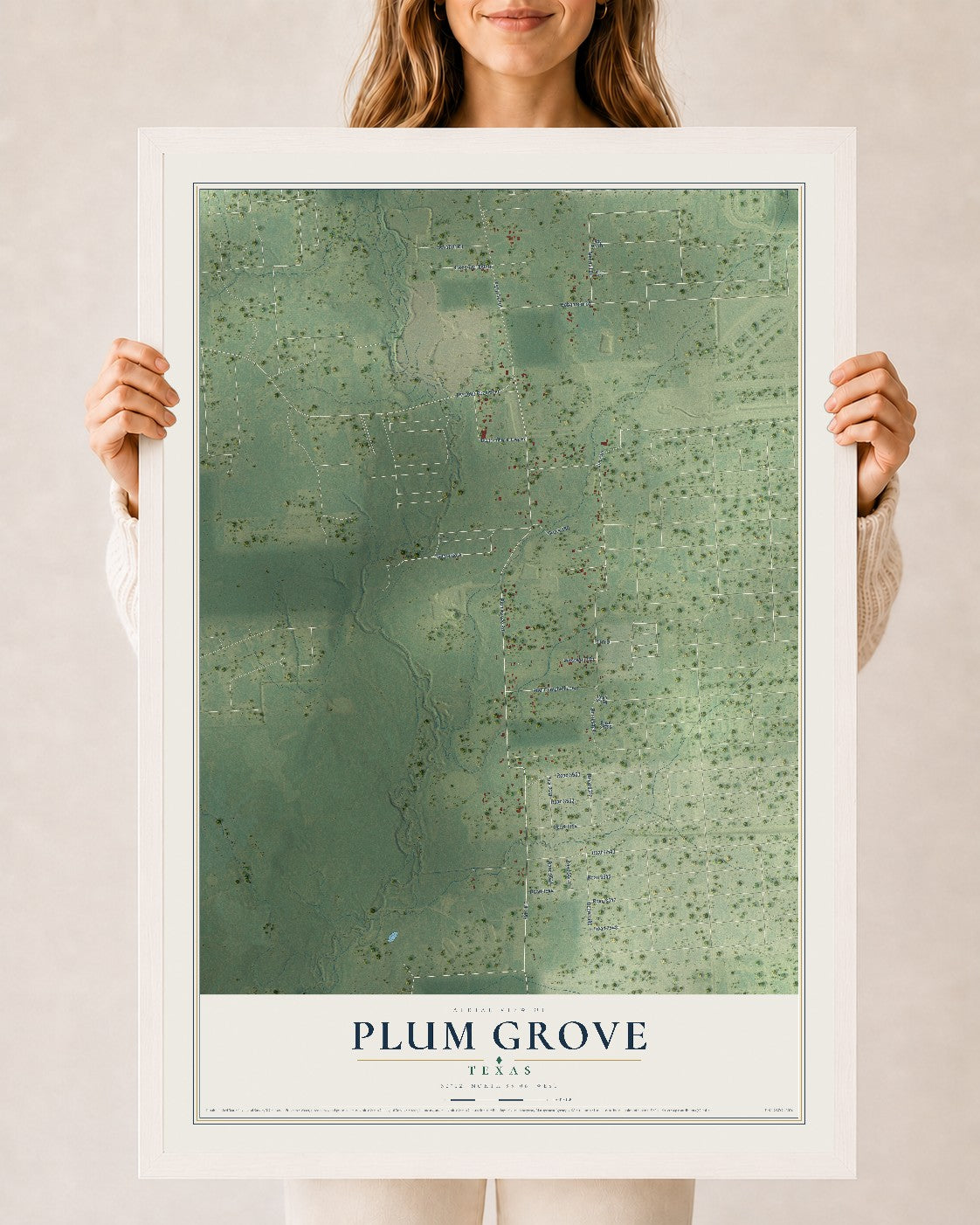 Map of Plum Grove, Texas, 24 x 36 inch print in a white wood frame
