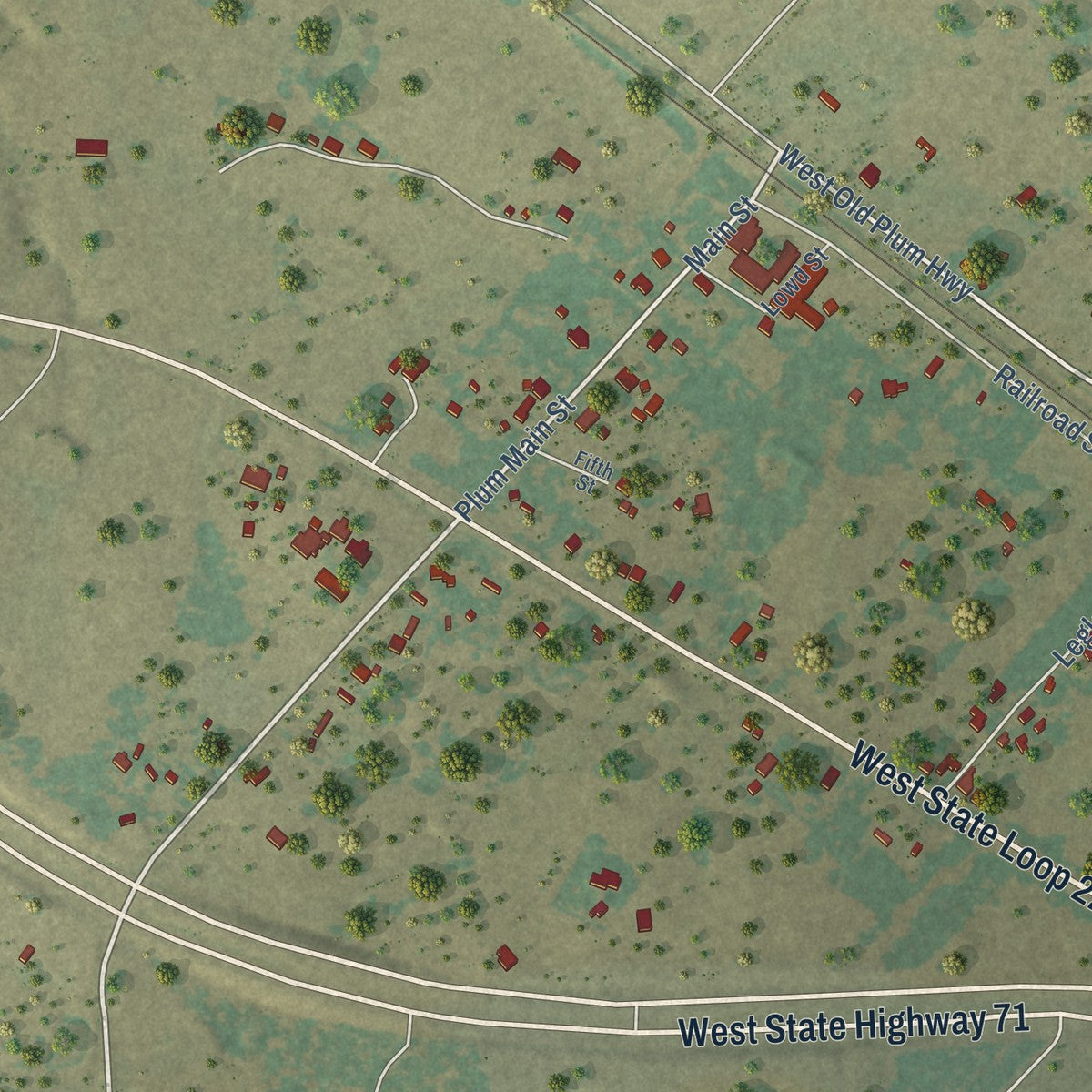 Close-up of the map of Plum, Texas print showing street and building detail