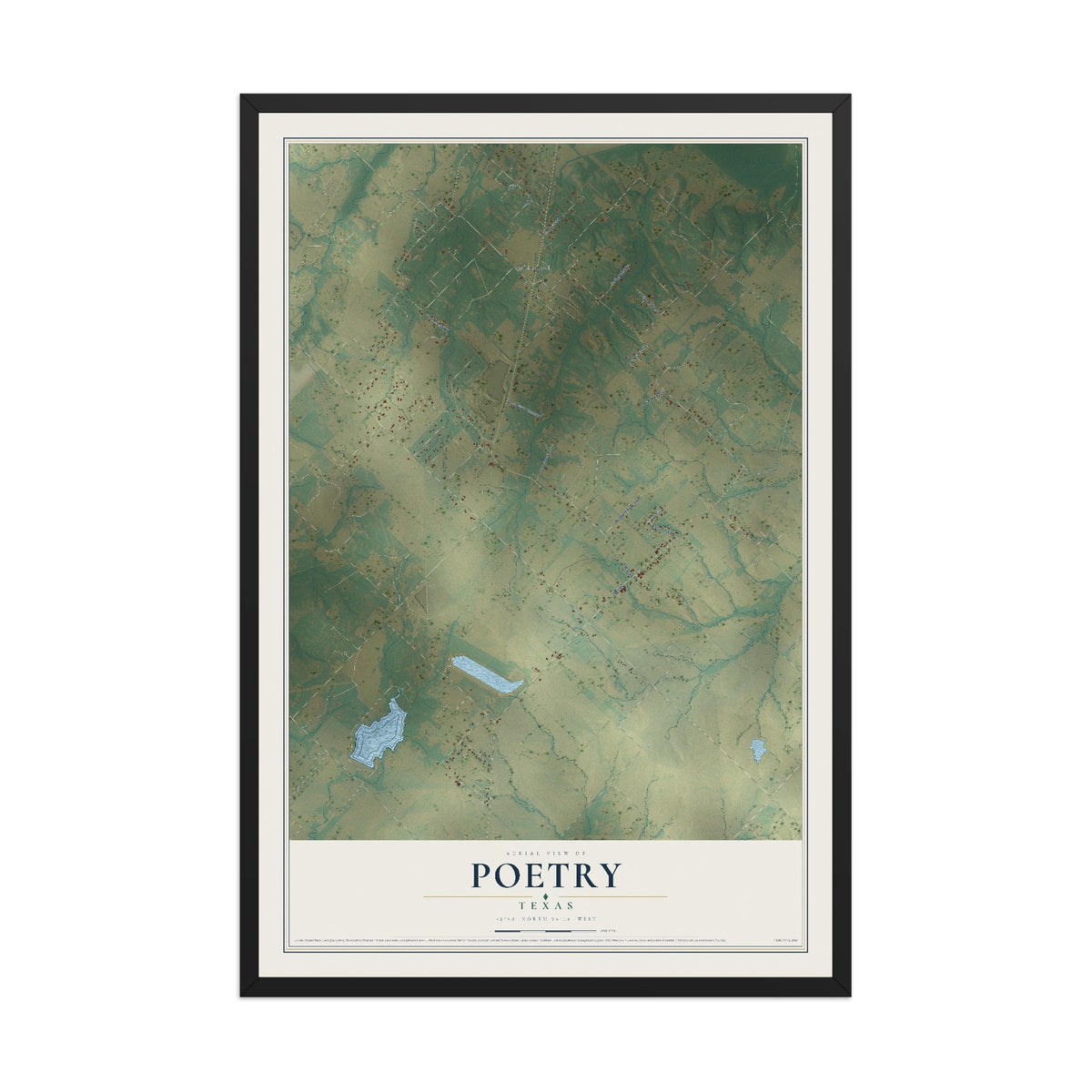 Map of Poetry, Texas, 12 x 18 inch print in a black wood frame