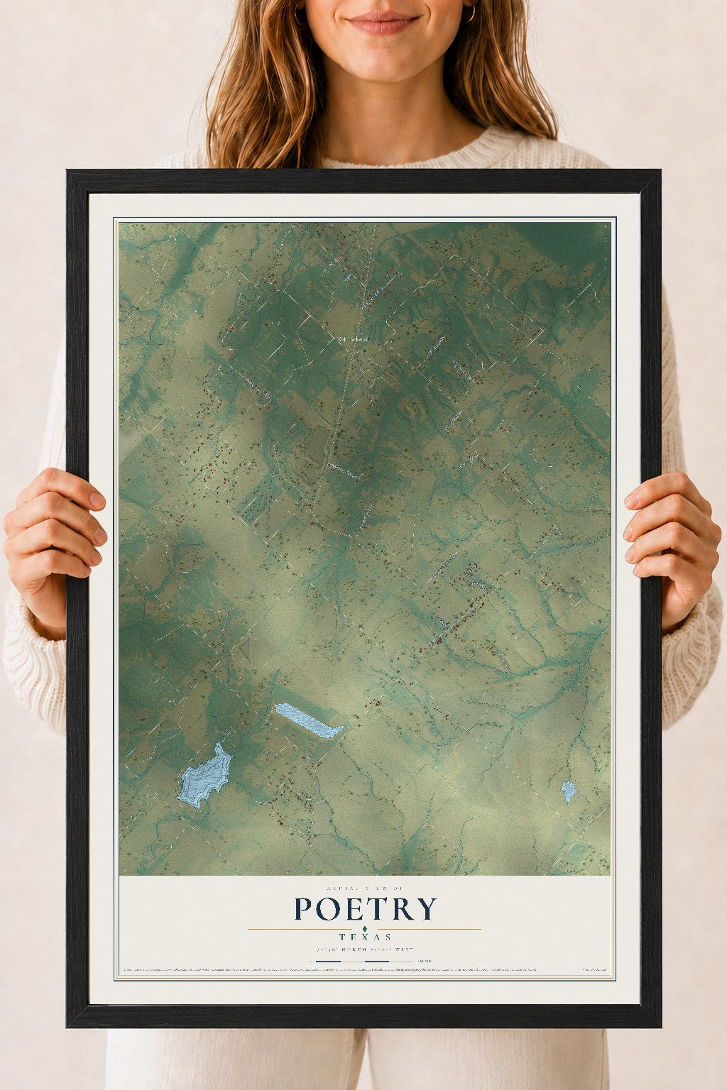 Map of Poetry, Texas, 18 x 24 inch print in a black wood frame