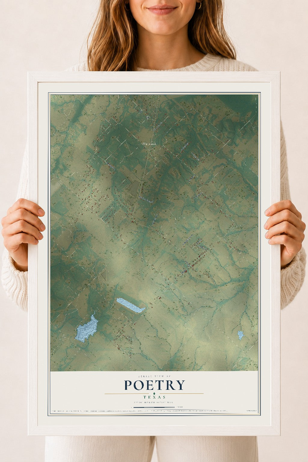 Map of Poetry, Texas, 18 x 24 inch print in a white wood frame