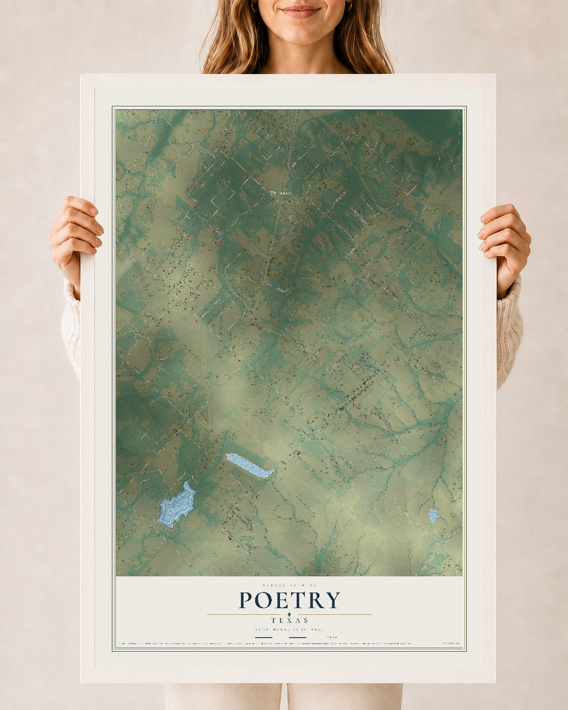 Map of Poetry, Texas, 24 x 36 inch print in a white wood frame