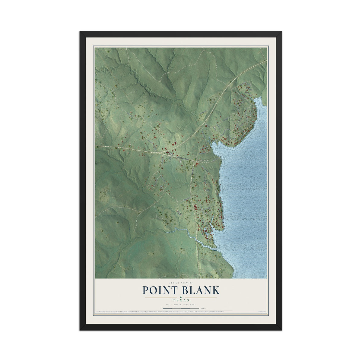 Map of Point Blank, Texas, 12 x 18 inch print in a black wood frame