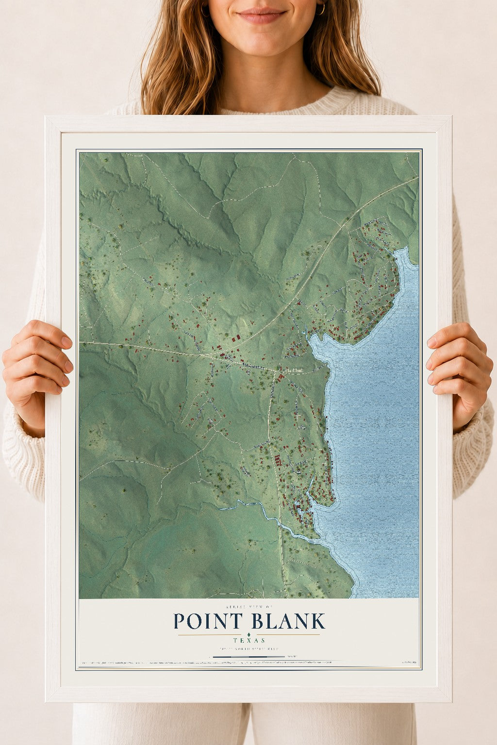 Map of Point Blank, Texas, 18 x 24 inch print in a white wood frame