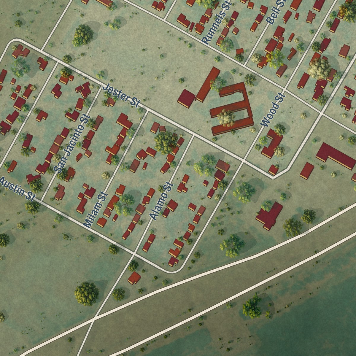 Close-up of the map of Point Comfort, Texas print showing street and building detail