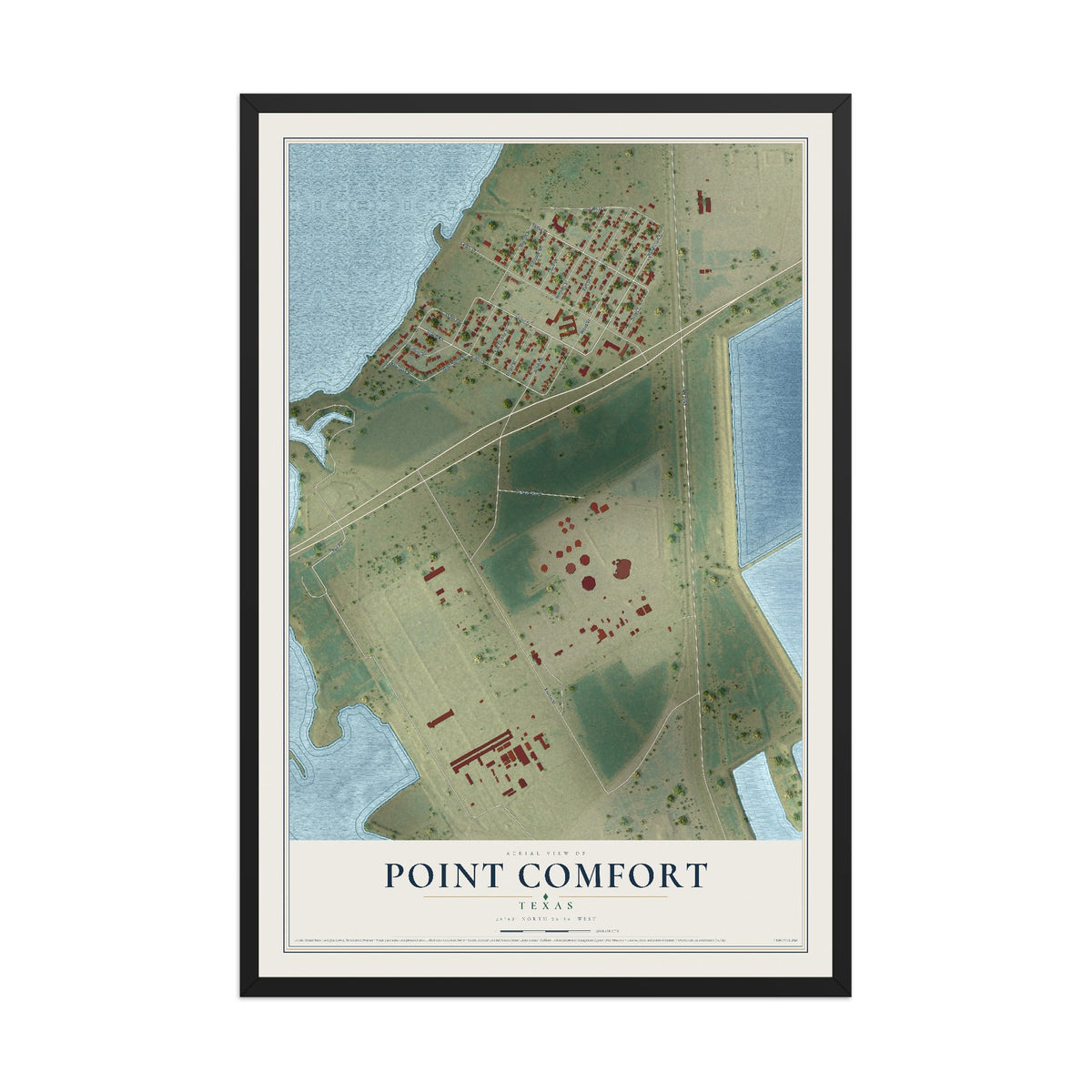 Map of Point Comfort, Texas, 12 x 18 inch print in a black wood frame