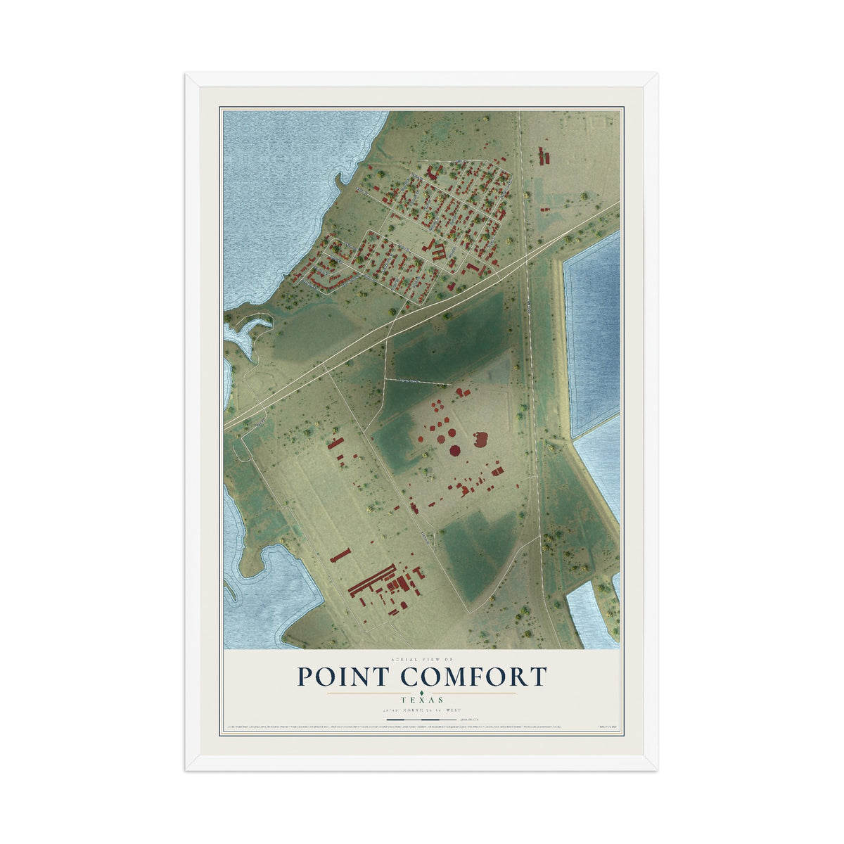 Map of Point Comfort, Texas, 12 x 18 inch print in a white wood frame