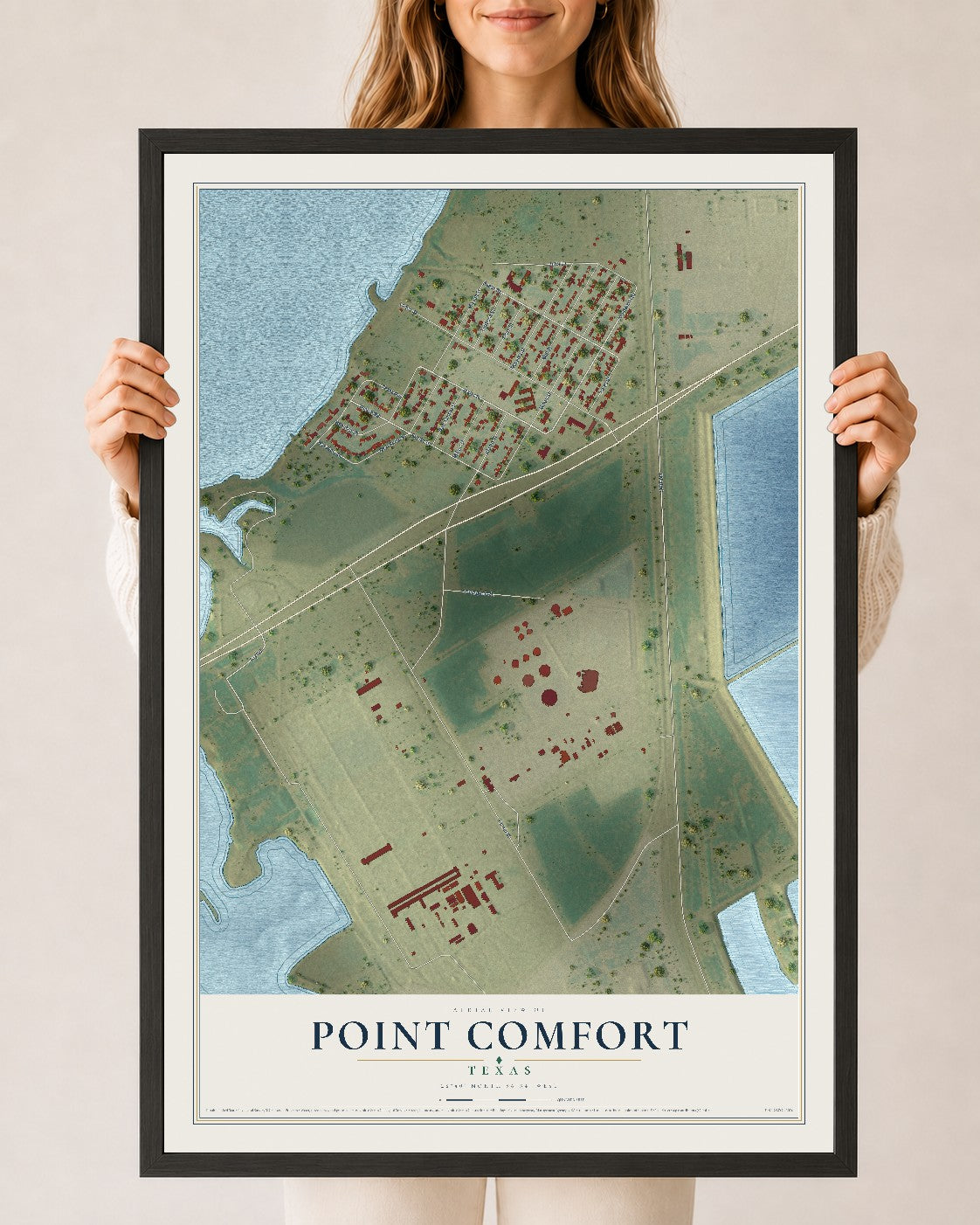 Map of Point Comfort, Texas, 24 x 36 inch print in a black wood frame
