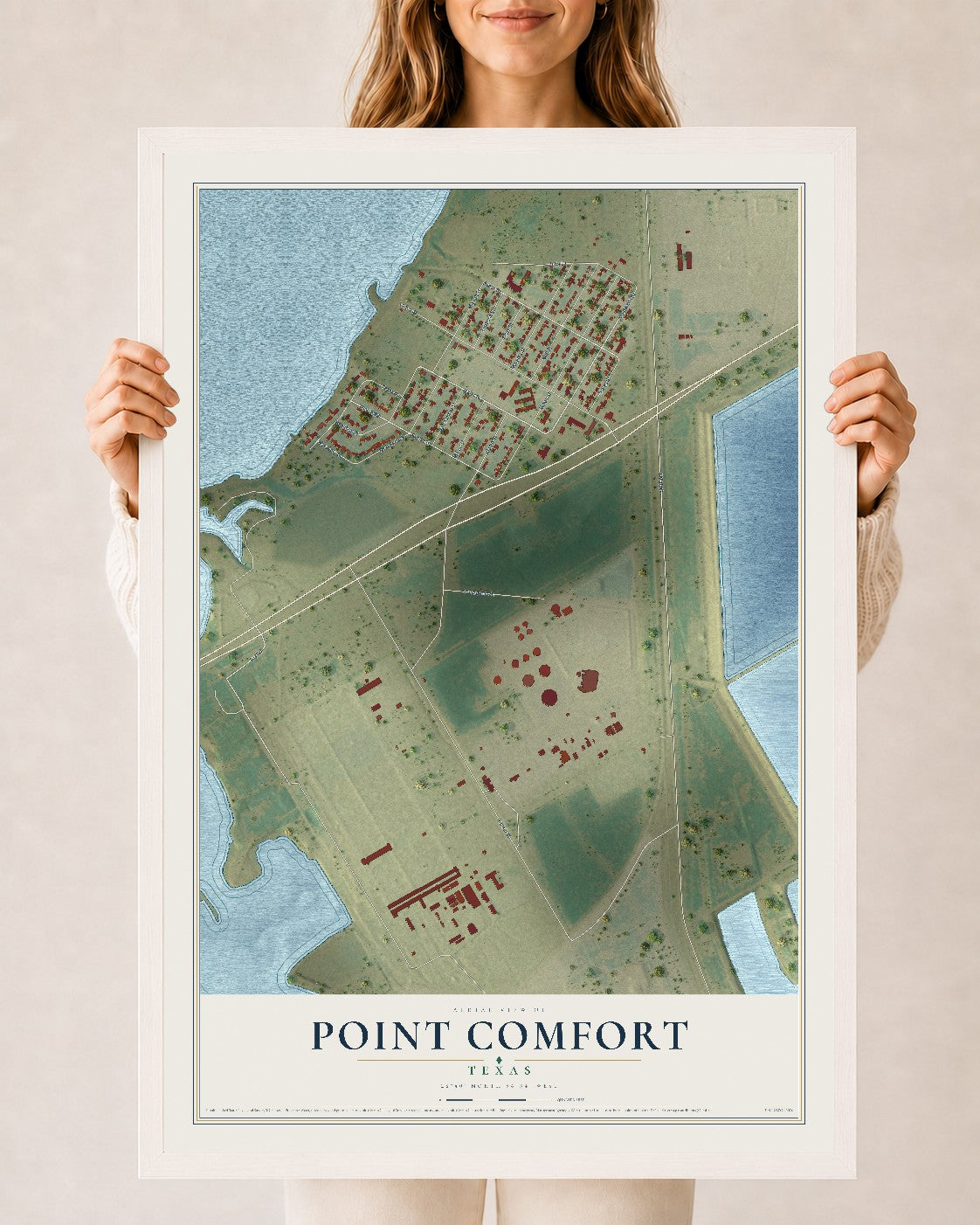 Map of Point Comfort, Texas, 24 x 36 inch print in a white wood frame