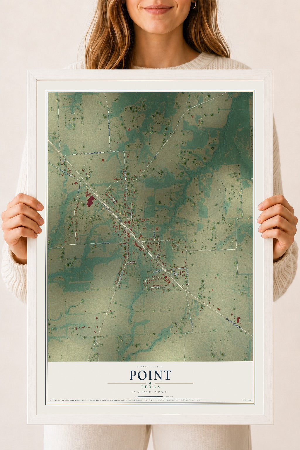 Map of Point, Texas, 18 x 24 inch print in a white wood frame