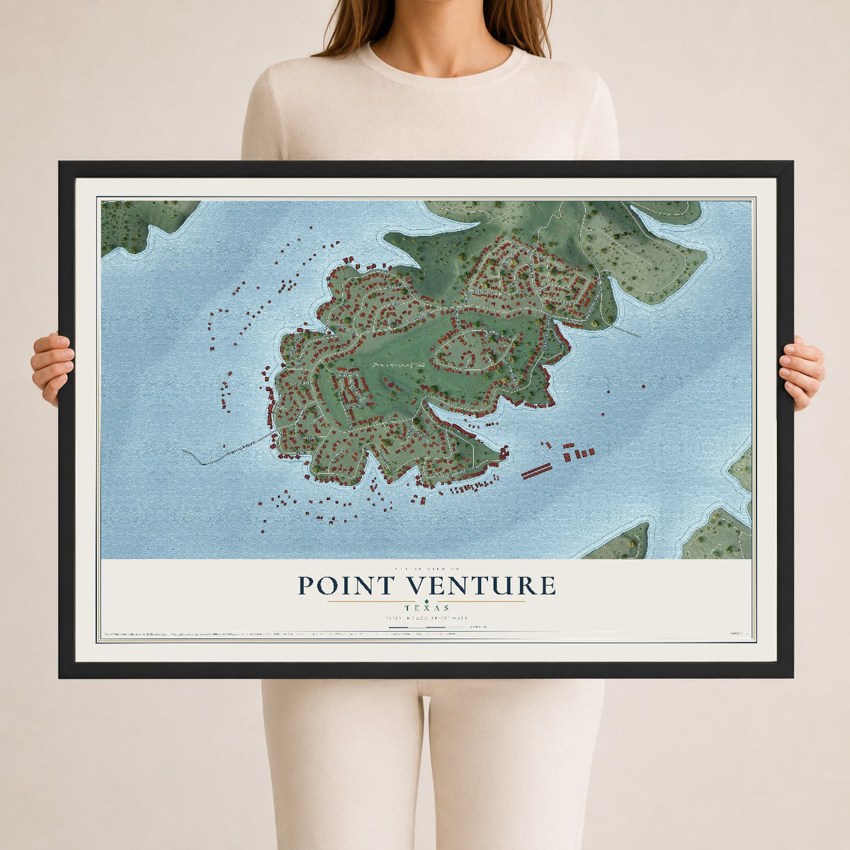 Map of Point Venture, Texas, 24 x 36 inch print in a black wood frame