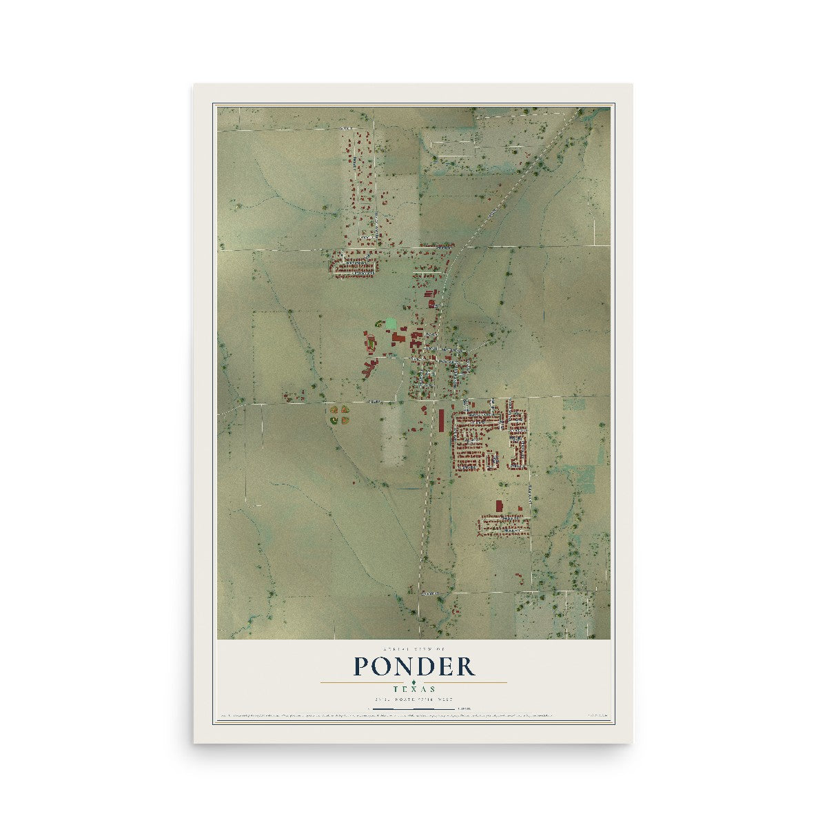 Map of Ponder, Texas, 12 x 18 inch unframed archival matte print