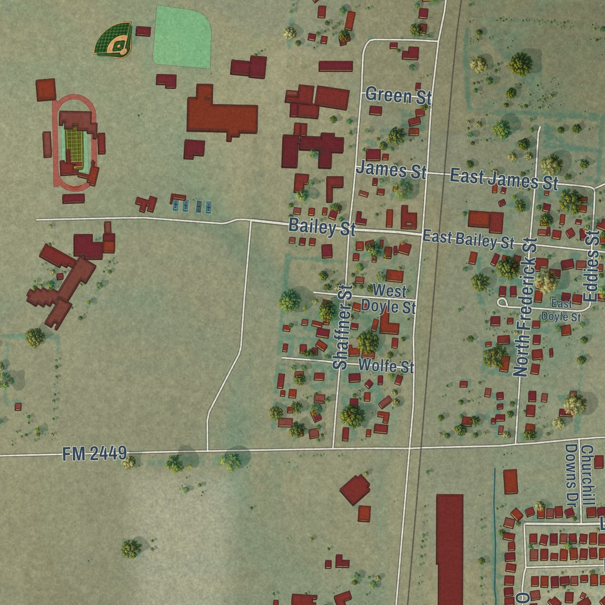 Second close-up of the map of Ponder, Texas print showing more streets and buildings