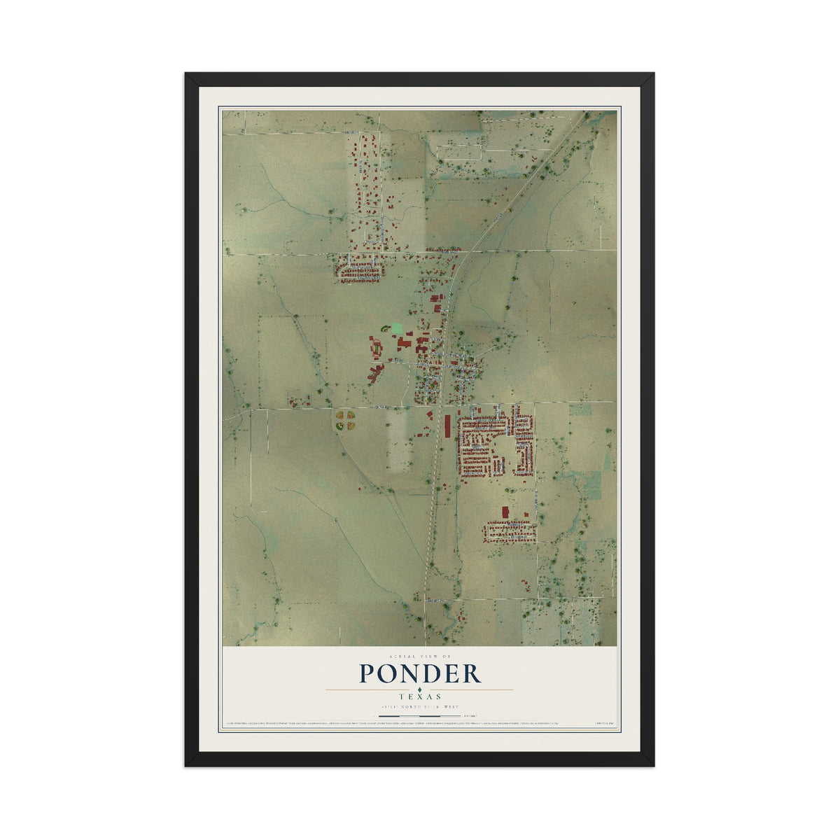 Map of Ponder, Texas, 12 x 18 inch print in a black wood frame