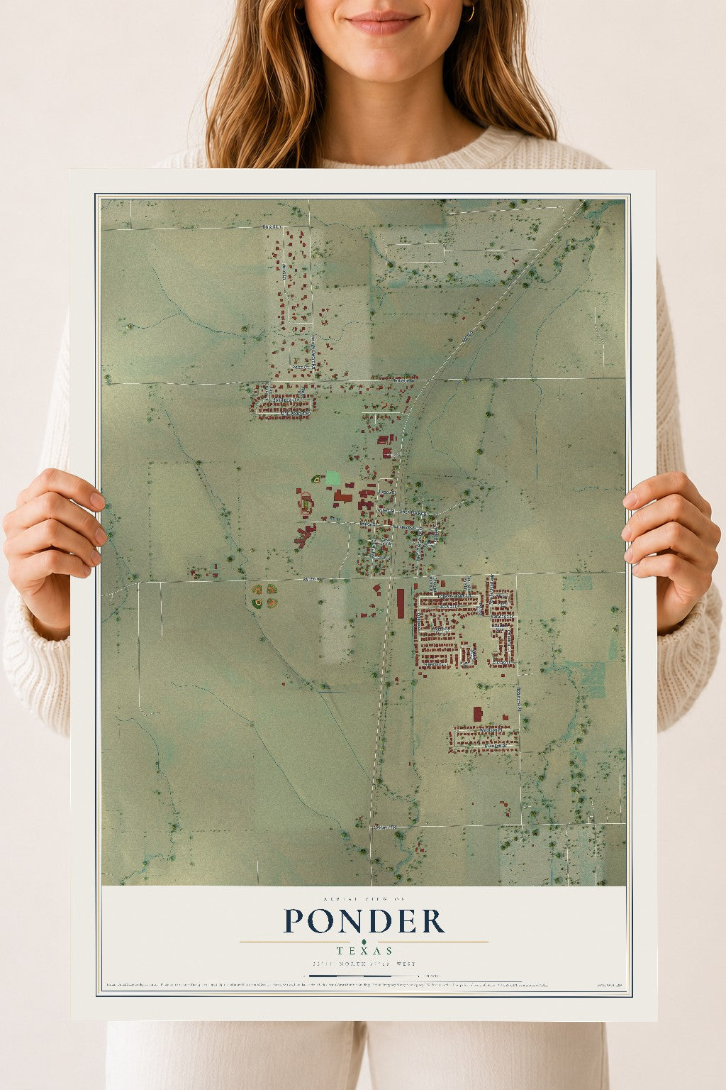 Map of Ponder, Texas, 18 x 24 inch unframed archival matte print