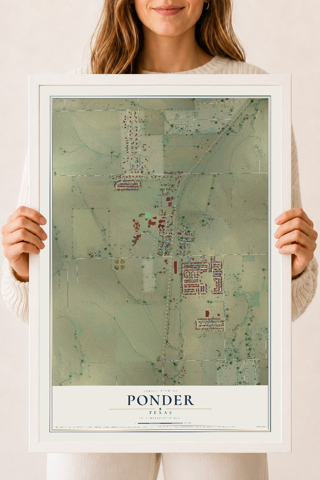 Map of Ponder, Texas, 18 x 24 inch print in a white wood frame