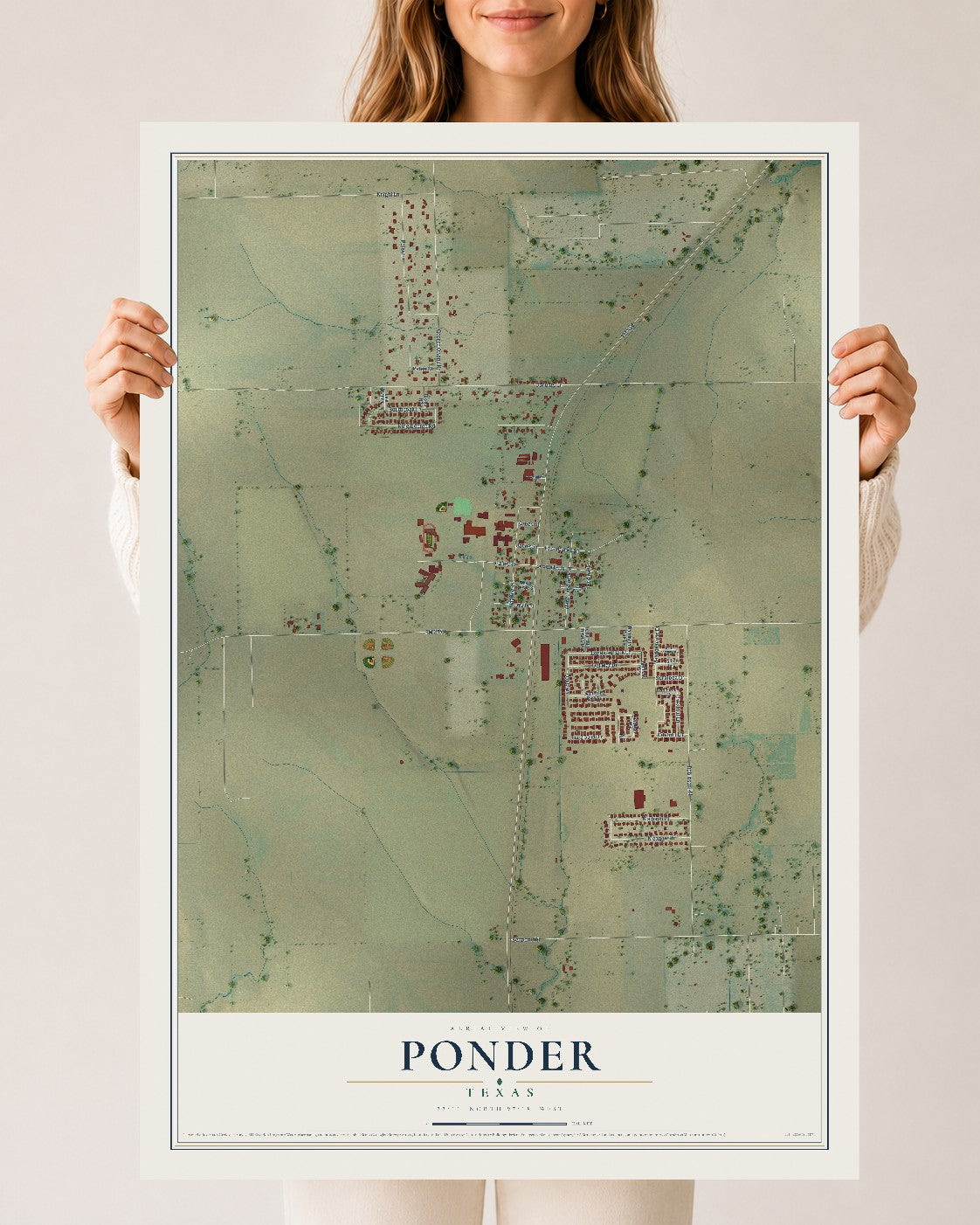 Map of Ponder, Texas, 24 x 36 inch unframed archival matte print