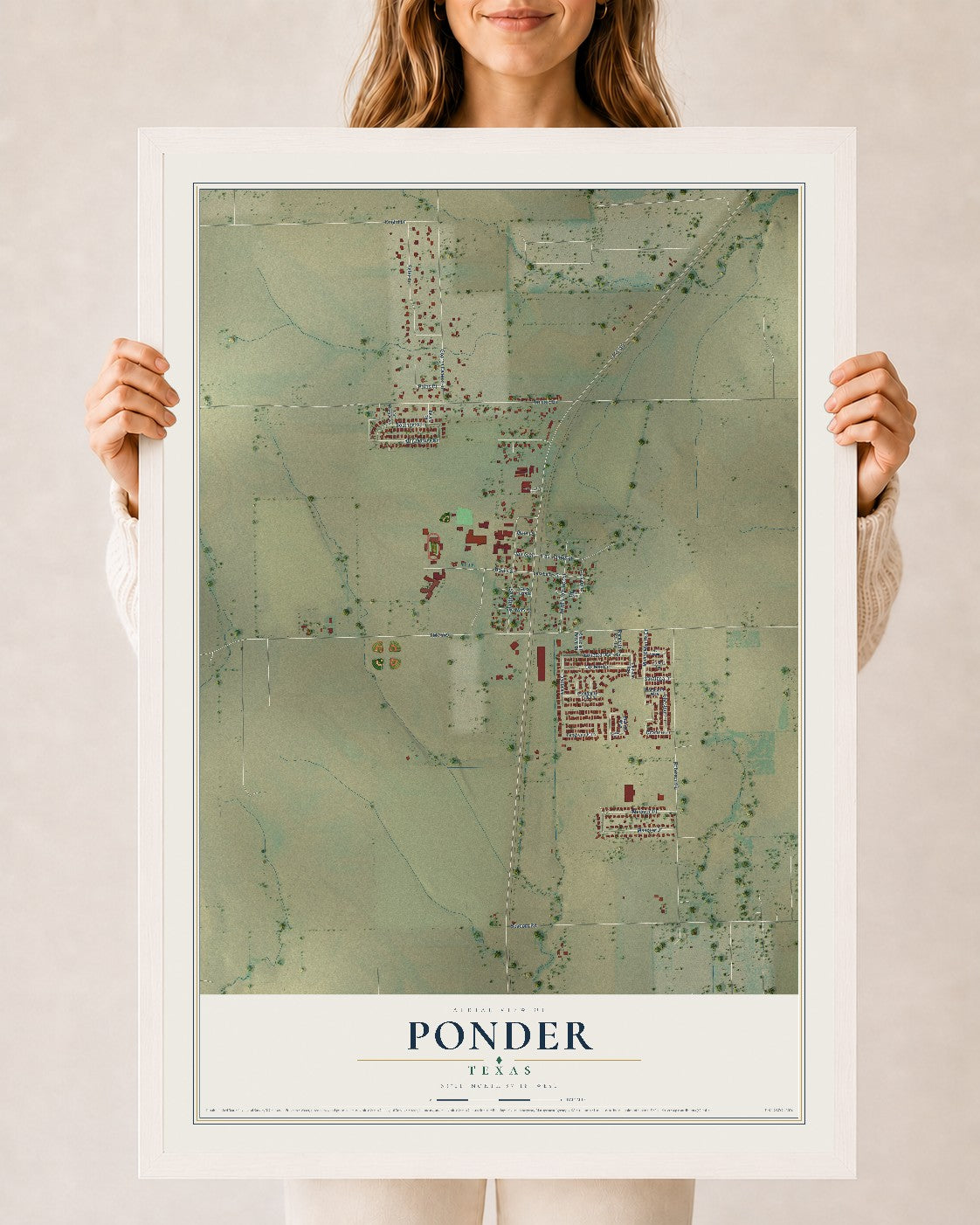 Map of Ponder, Texas, 24 x 36 inch print in a white wood frame