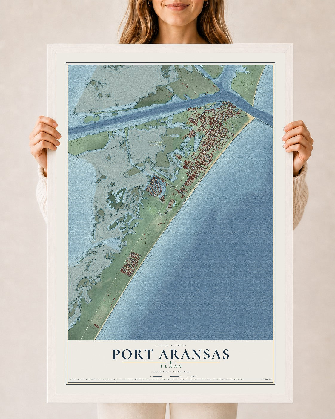 Map of Port Aransas, Texas, 24 x 36 inch print in a white wood frame