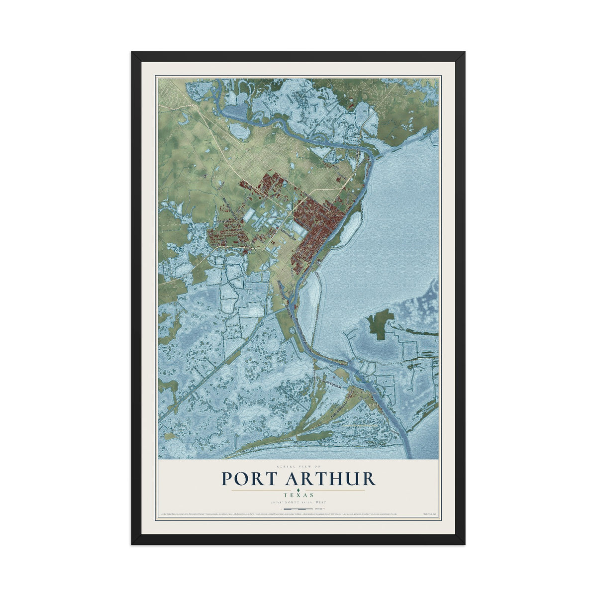 Map of Port Arthur, Texas, 12 x 18 inch print in a black wood frame