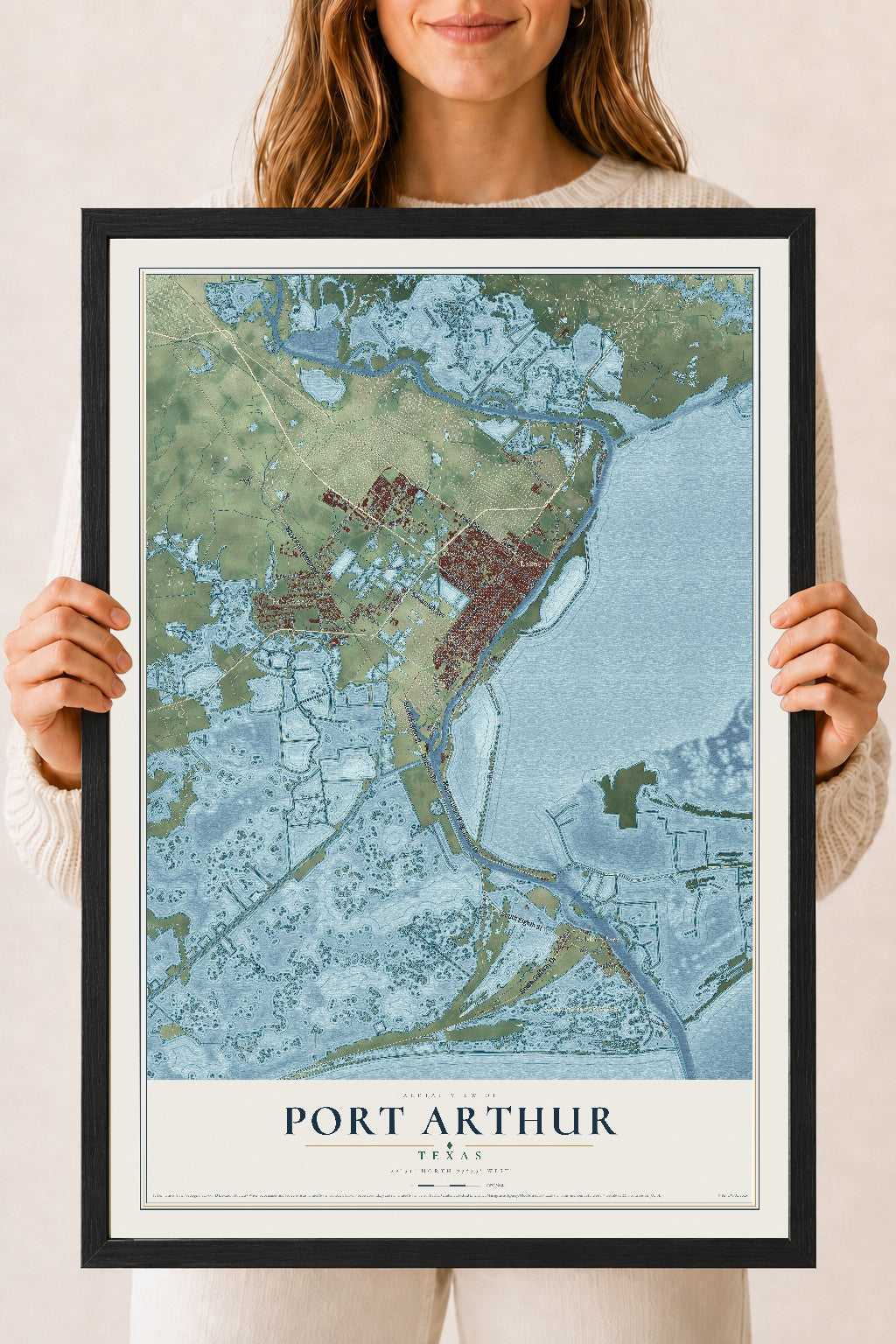 Map of Port Arthur, Texas, 18 x 24 inch print in a black wood frame
