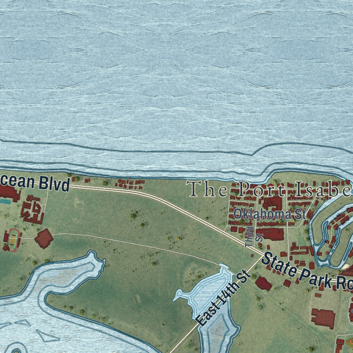 Second close-up of the map of Port Isabel, Texas print showing more streets and buildings