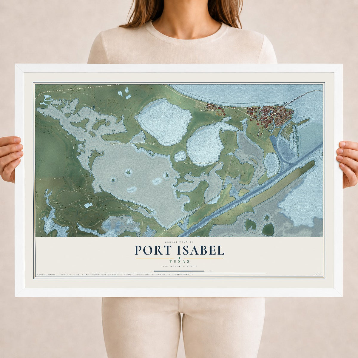 Map of Port Isabel, Texas, 18 x 24 inch print in a white wood frame