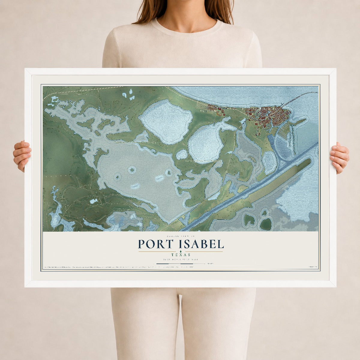 Map of Port Isabel, Texas, 24 x 36 inch print in a white wood frame