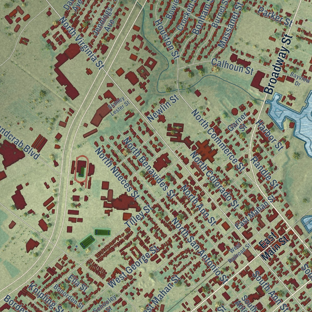 Close-up of the map of Port Lavaca, Texas print showing street and building detail