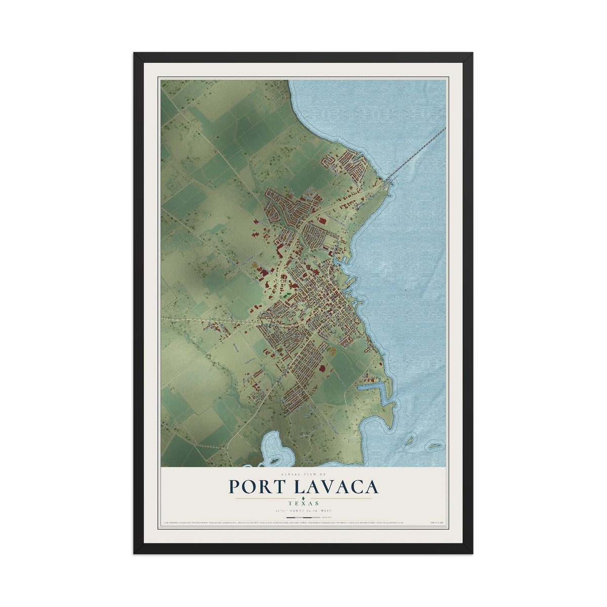 Map of Port Lavaca, Texas, 12 x 18 inch print in a black wood frame