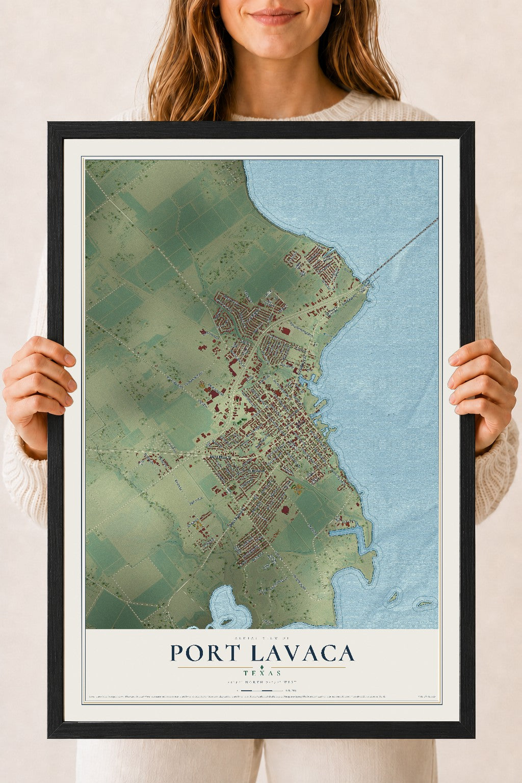 Map of Port Lavaca, Texas, 18 x 24 inch print in a black wood frame