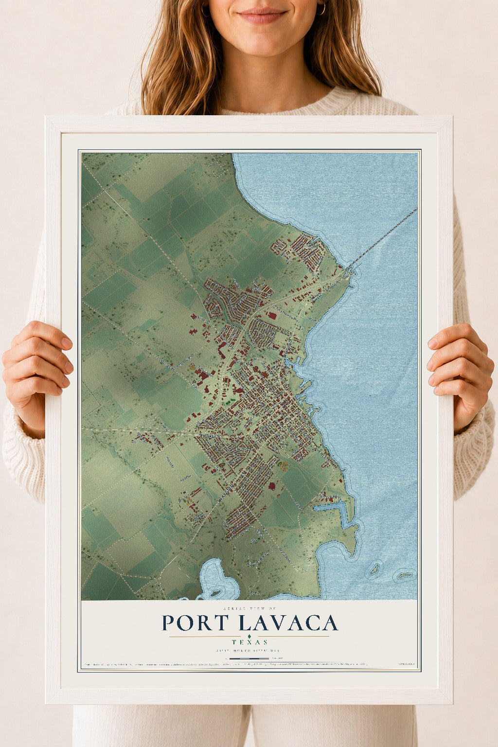 Map of Port Lavaca, Texas, 18 x 24 inch print in a white wood frame