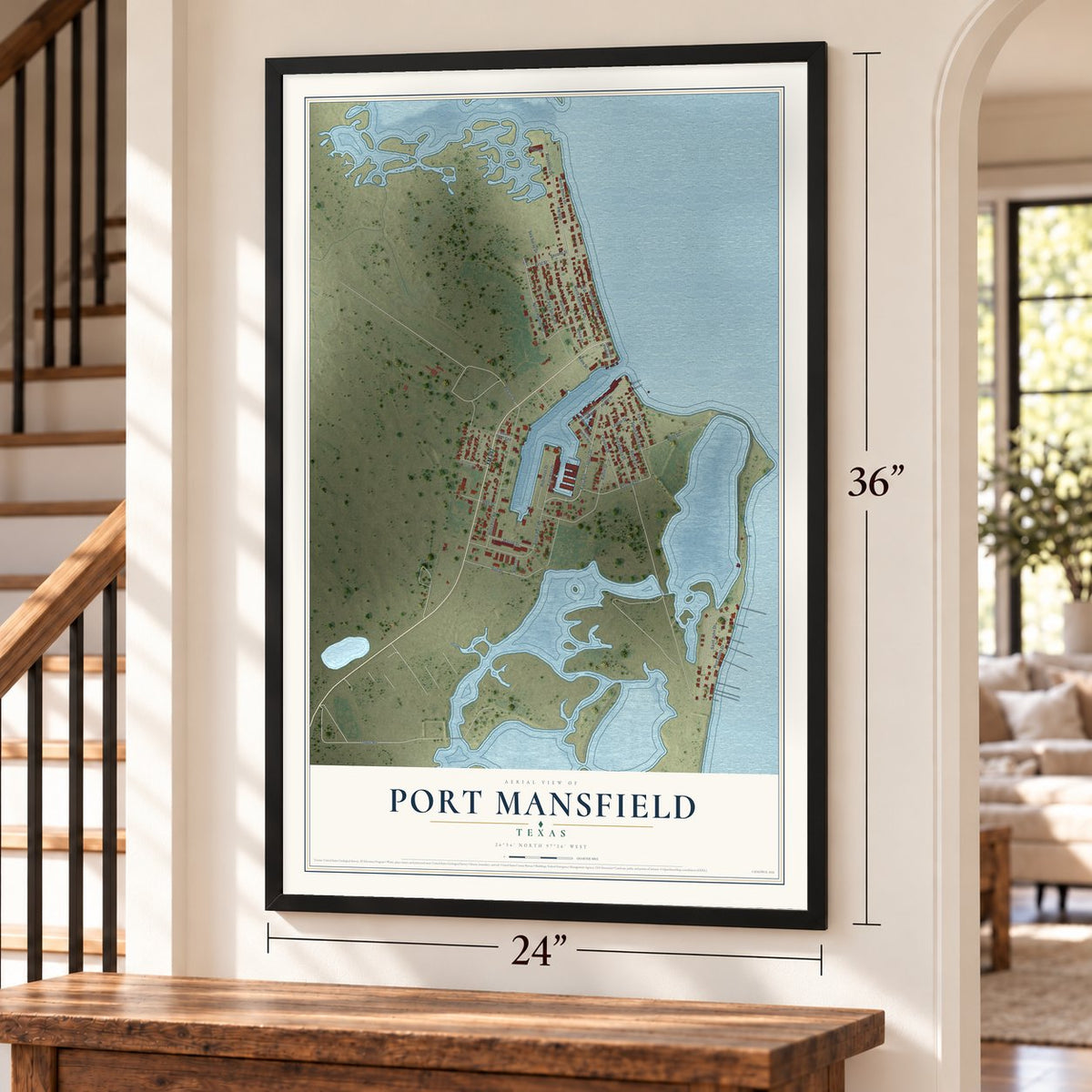 Port Mansfield, Texas map, 24 x 36 inch print in a black frame by a staircase