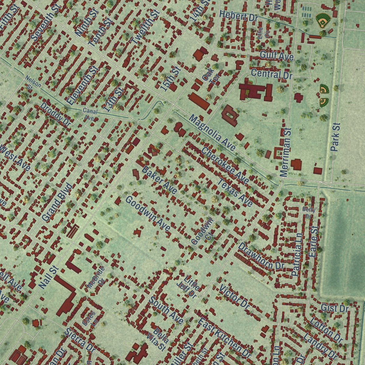 Close-up of the map of Port Neches, Texas print showing street and building detail