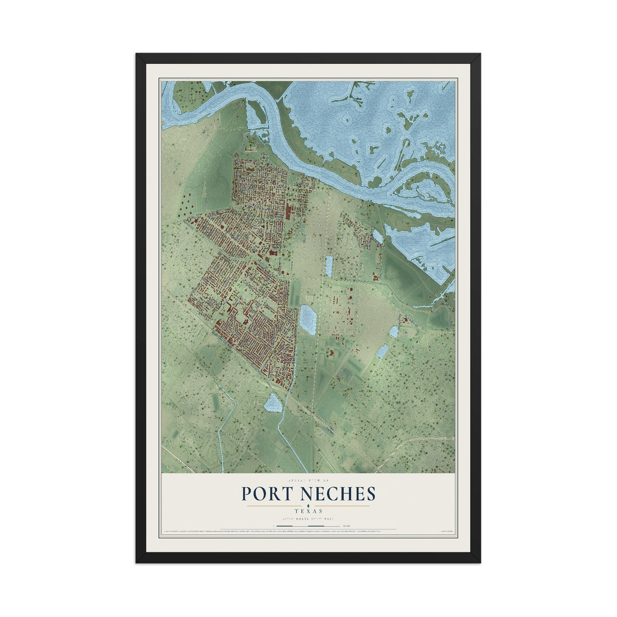 Map of Port Neches, Texas, 12 x 18 inch print in a black wood frame