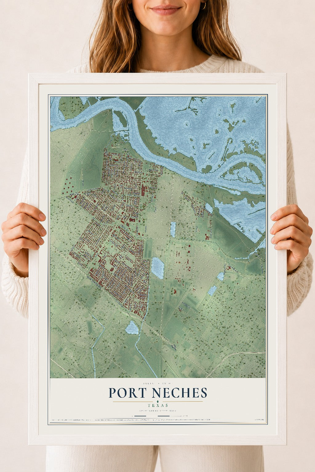 Map of Port Neches, Texas, 18 x 24 inch print in a white wood frame