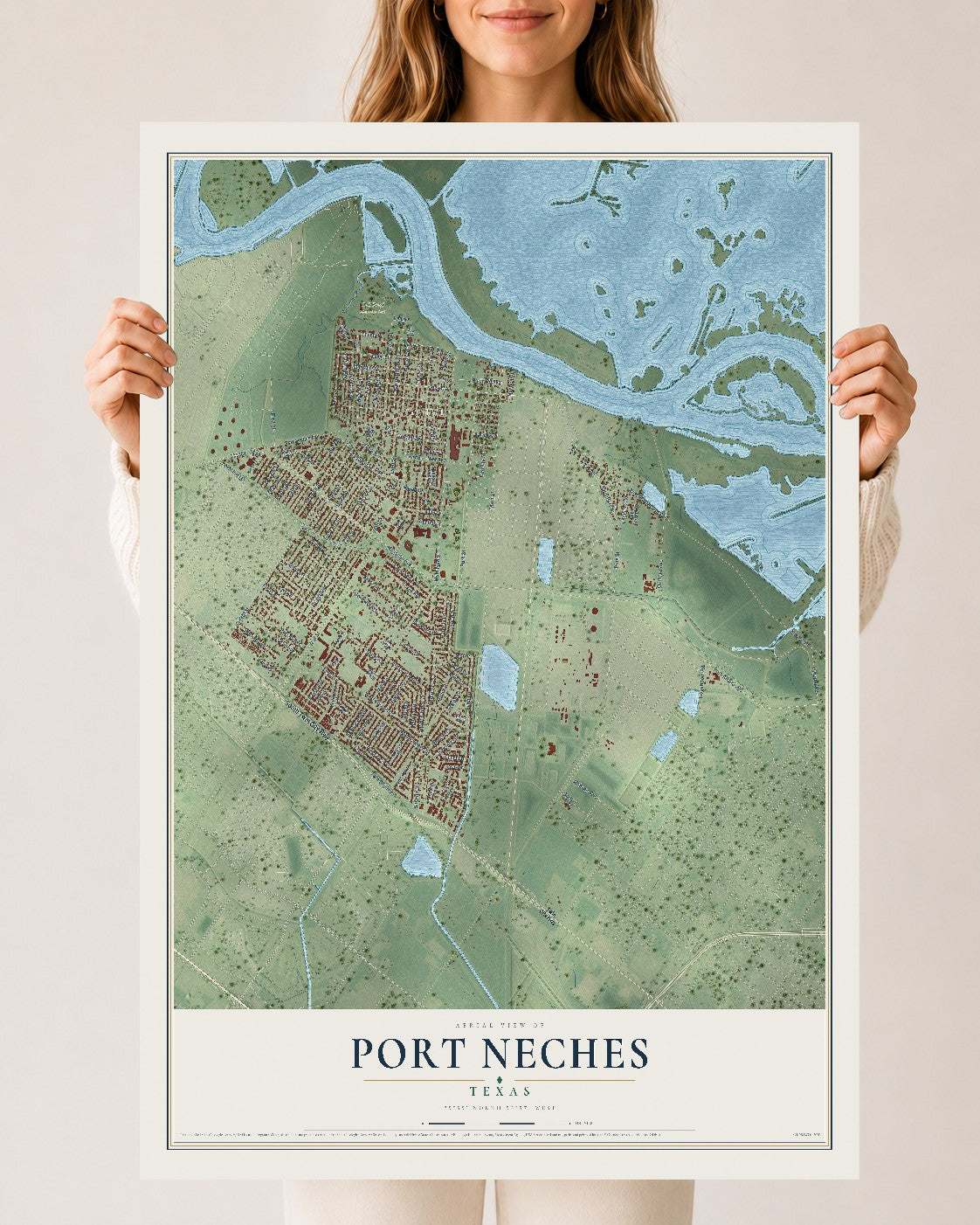 Map of Port Neches, Texas, 24 x 36 inch unframed archival matte print