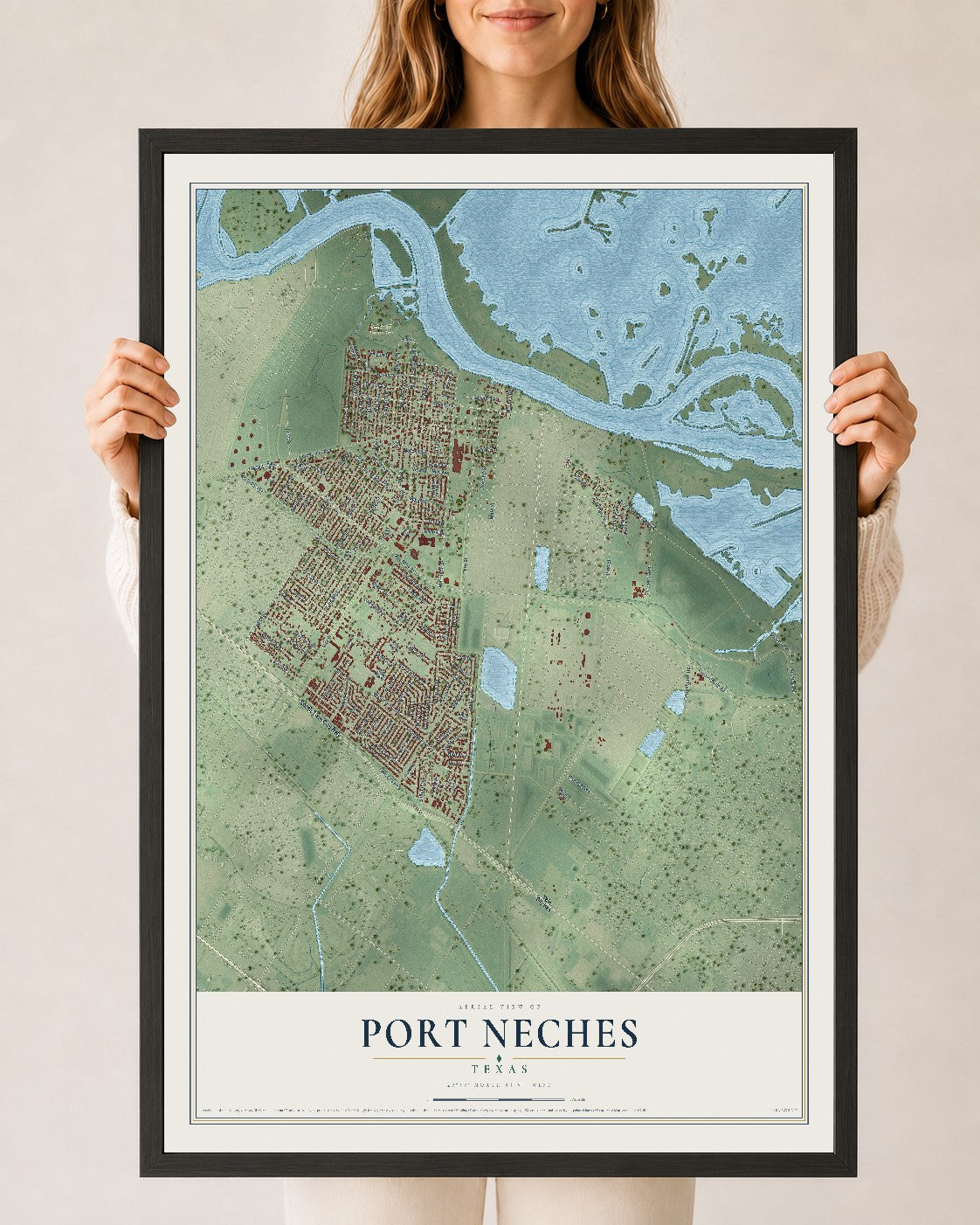 Map of Port Neches, Texas, 24 x 36 inch print in a black wood frame