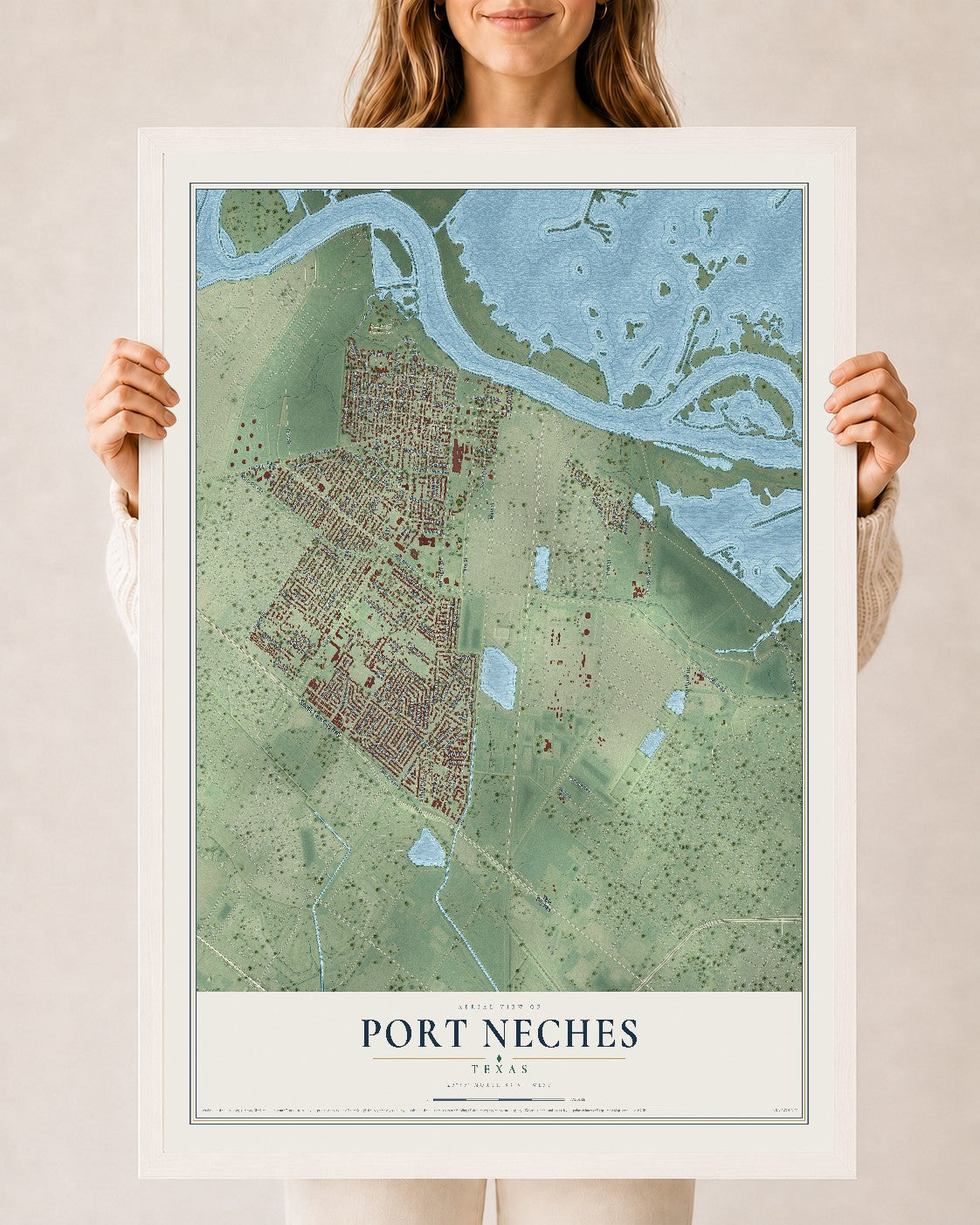 Map of Port Neches, Texas, 24 x 36 inch print in a white wood frame
