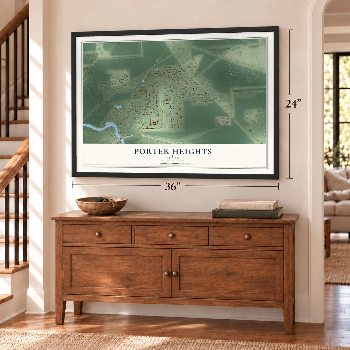 Porter Heights, Texas map, 24 x 36 inch print in a black frame above a dresser by a staircase