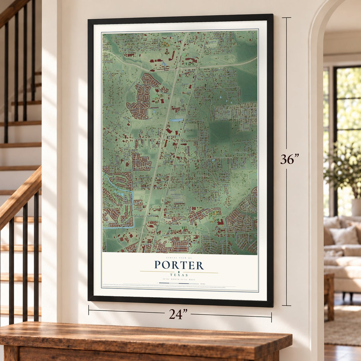Porter, Texas map, 24 x 36 inch print in a black frame by a staircase