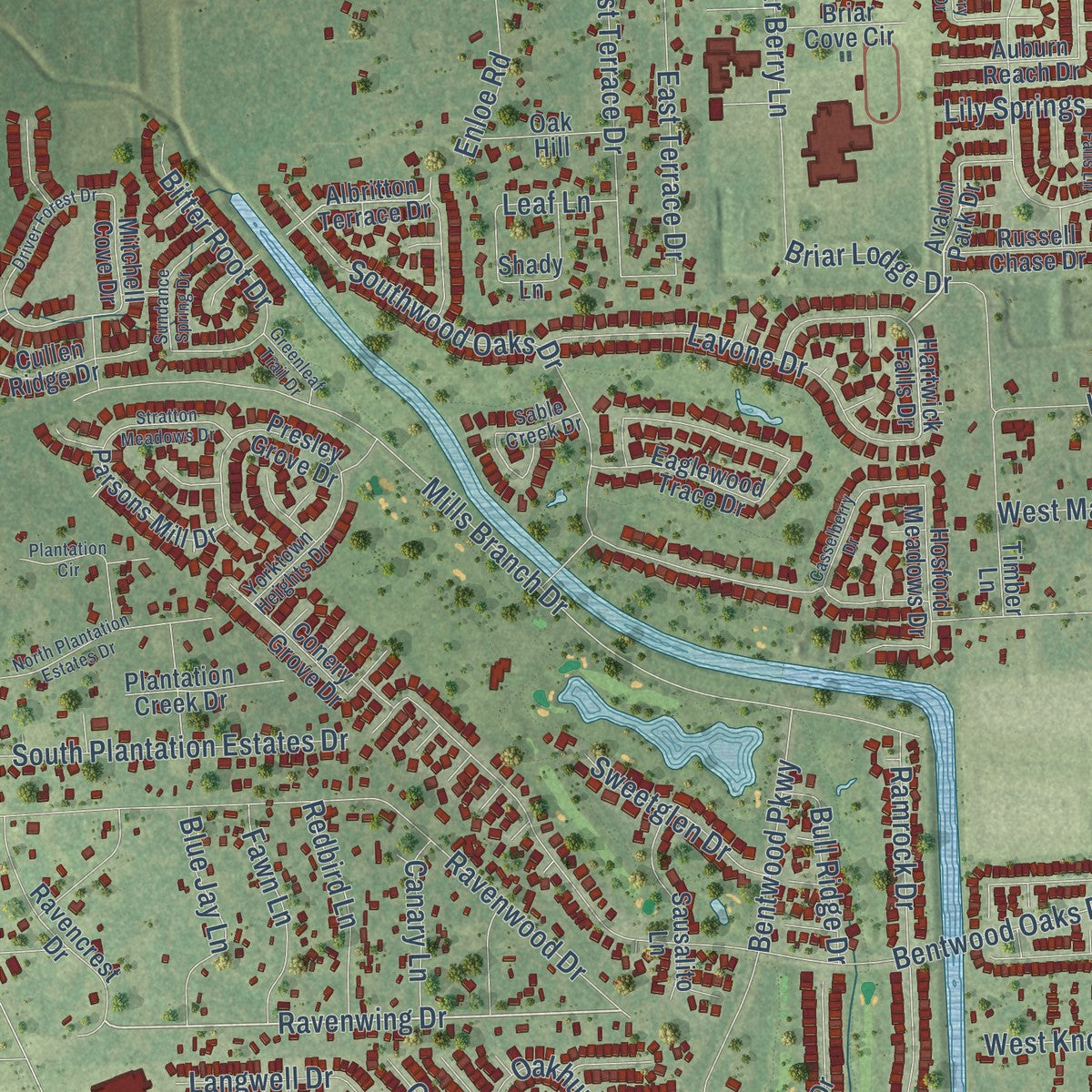 Close-up of the map of Porter, Texas print showing street and building detail