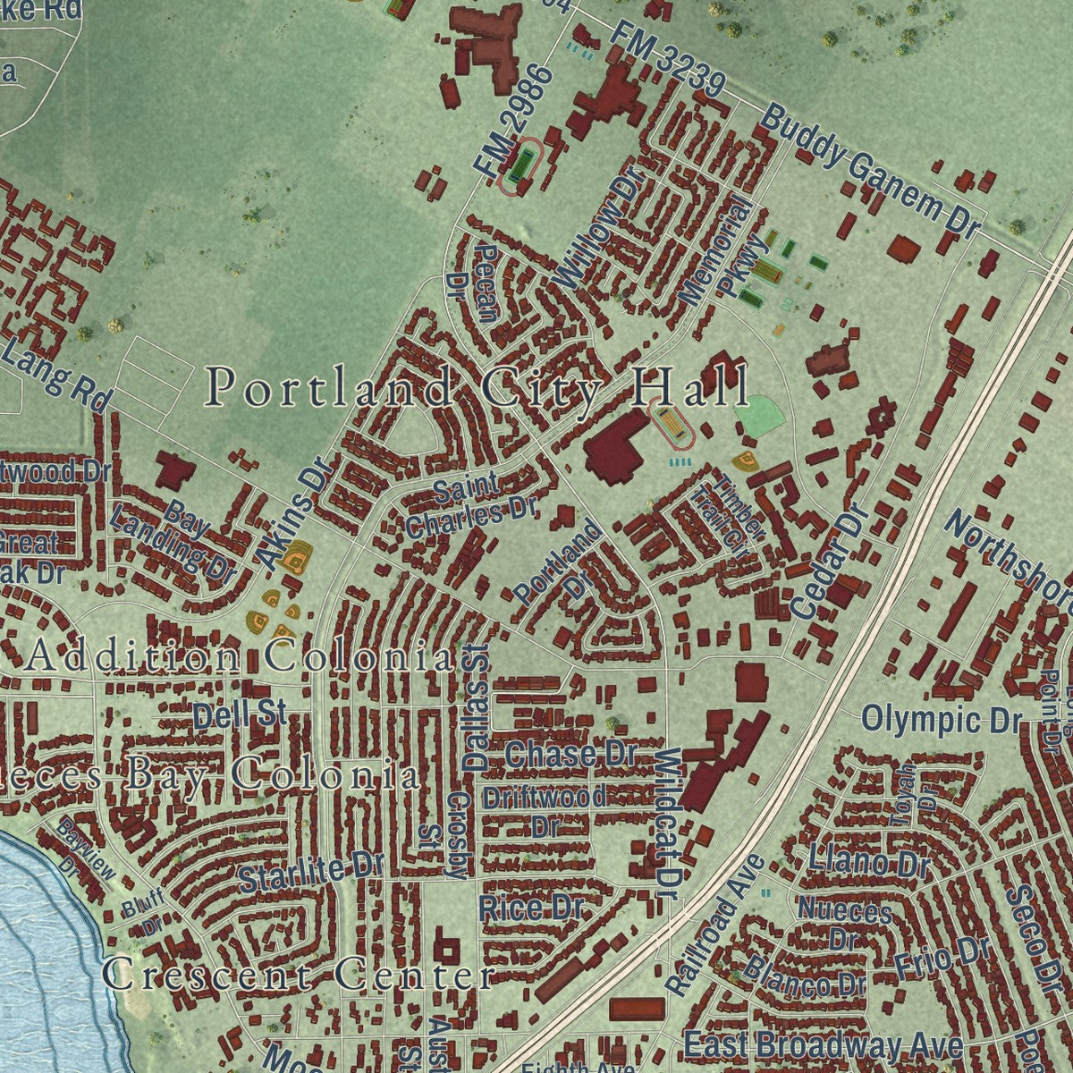 Close-up of the map of Portland, Texas print showing street and building detail